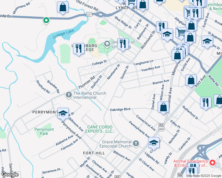 map of restaurants, bars, coffee shops, grocery stores, and more near 511 Edgar Street in Lynchburg