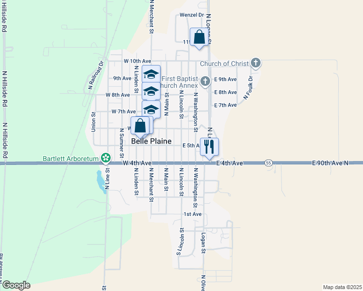 map of restaurants, bars, coffee shops, grocery stores, and more near 201 East 5th Avenue in Belle Plaine