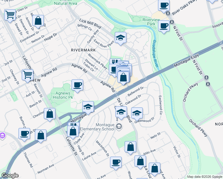 map of restaurants, bars, coffee shops, grocery stores, and more near 730 Agnew Road in Santa Clara