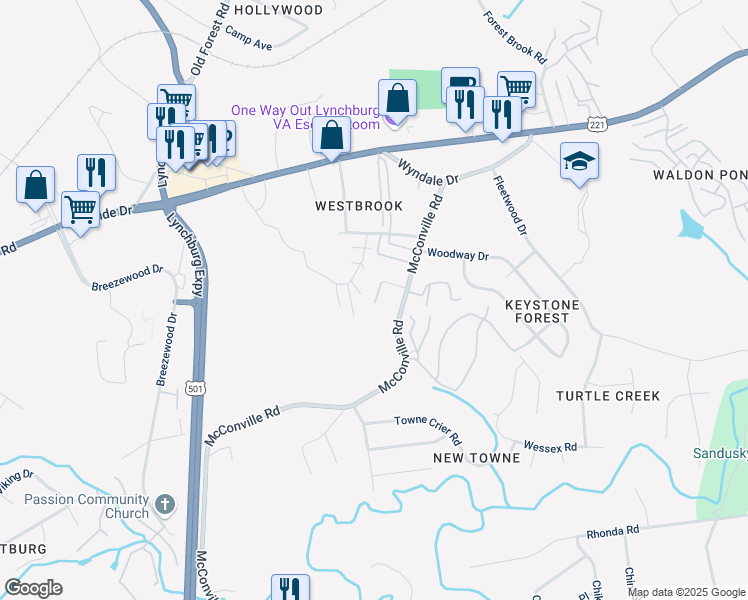 map of restaurants, bars, coffee shops, grocery stores, and more near 101H Hampden Drive in Lynchburg