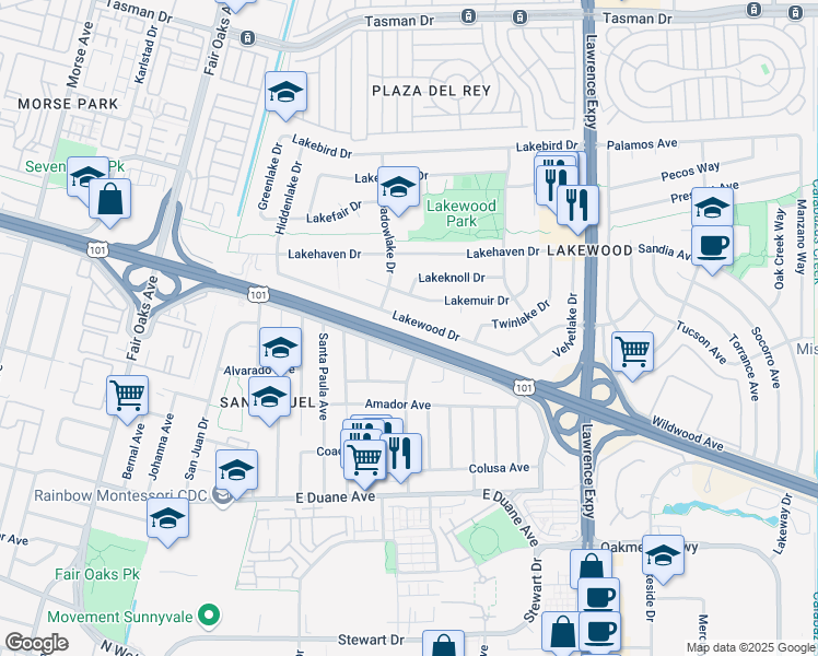 map of restaurants, bars, coffee shops, grocery stores, and more near 782 Lakewood Drive in Sunnyvale