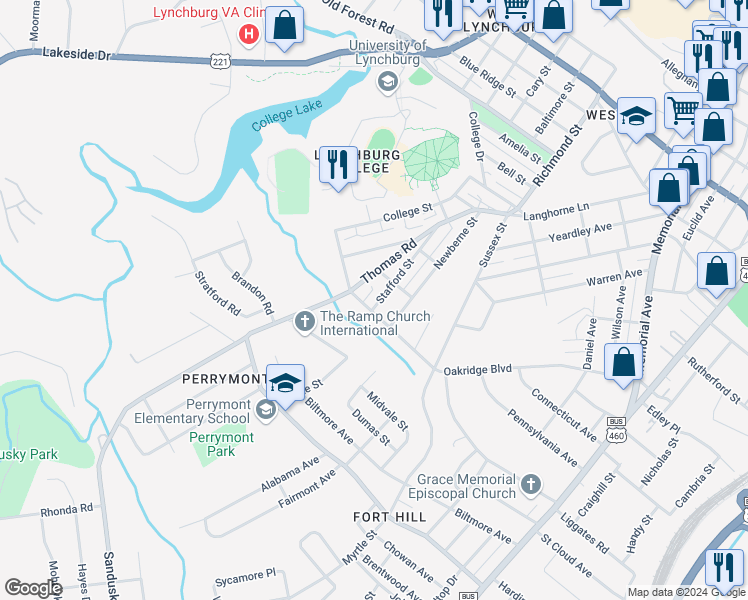 map of restaurants, bars, coffee shops, grocery stores, and more near 520 Stafford Street in Lynchburg