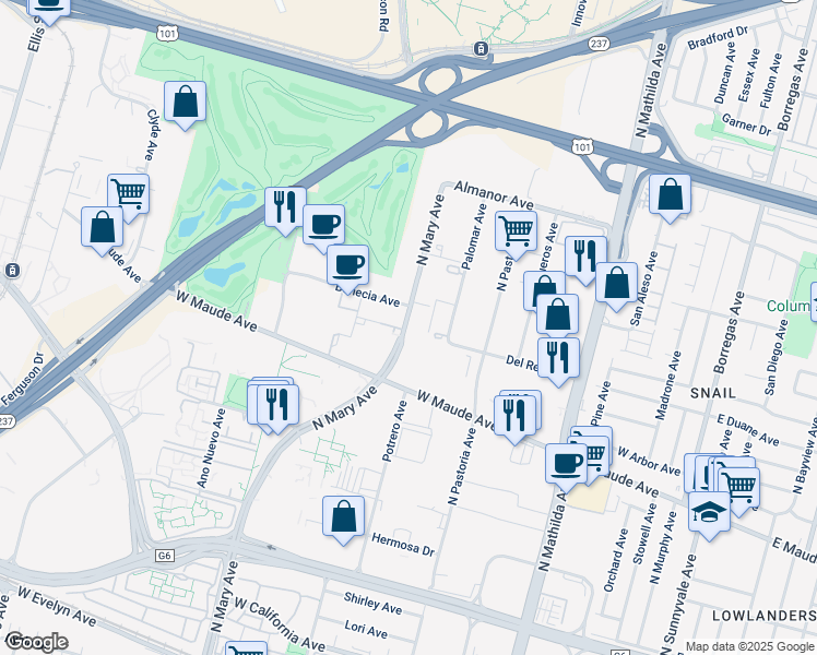map of restaurants, bars, coffee shops, grocery stores, and more near 640 North Mary Avenue in Sunnyvale
