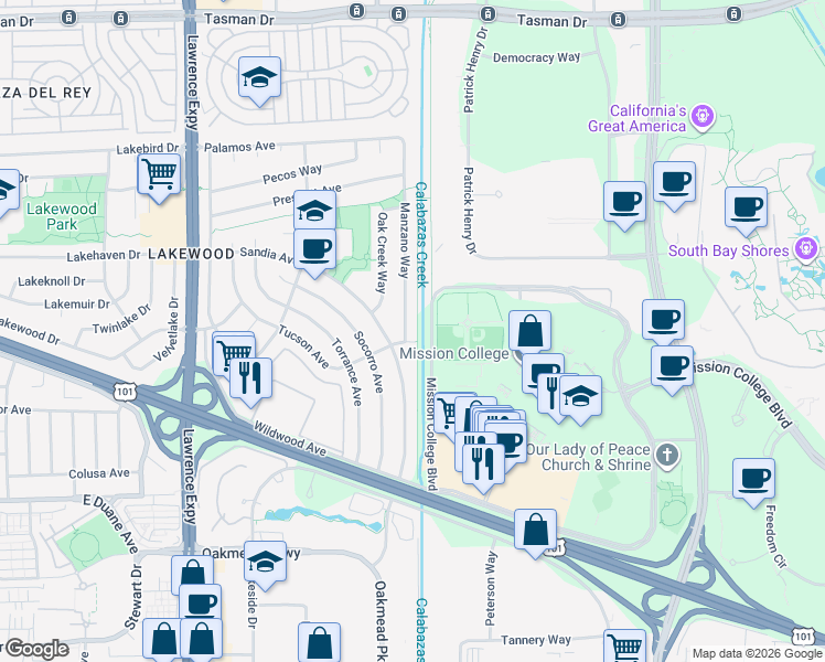 map of restaurants, bars, coffee shops, grocery stores, and more near 1126 Havenwood Avenue in Sunnyvale