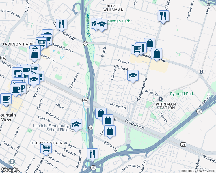 map of restaurants, bars, coffee shops, grocery stores, and more near 183 Ada Avenue in Mountain View