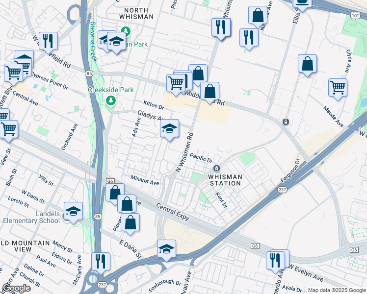 map of restaurants, bars, coffee shops, grocery stores, and more near 220 North Whisman Road in Mountain View