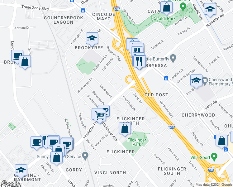 map of restaurants, bars, coffee shops, grocery stores, and more near 1607 4 Oaks Road in San Jose