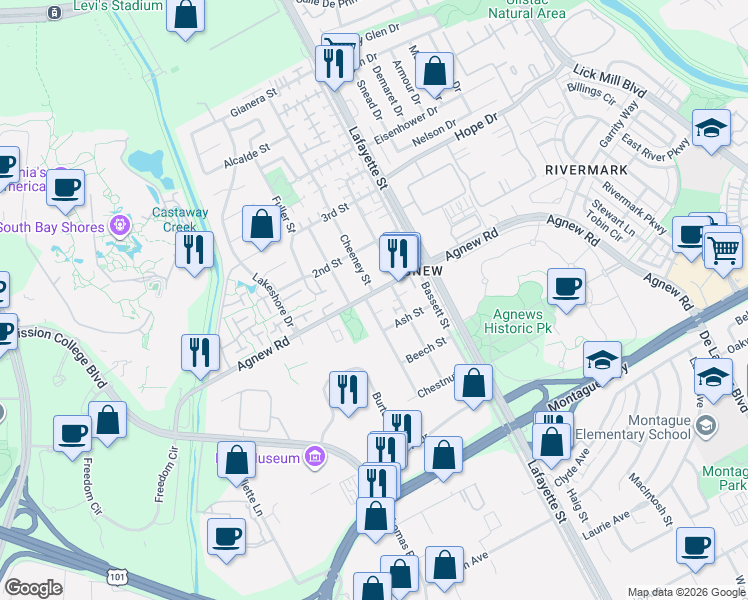 map of restaurants, bars, coffee shops, grocery stores, and more near 4252 Davis Street in Santa Clara