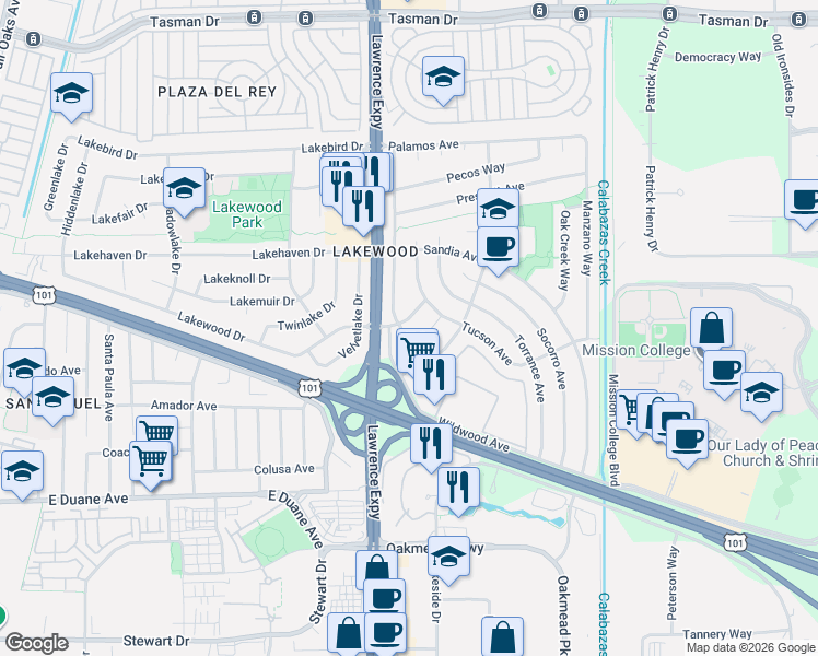 map of restaurants, bars, coffee shops, grocery stores, and more near 999 Blazingwood Drive in Sunnyvale