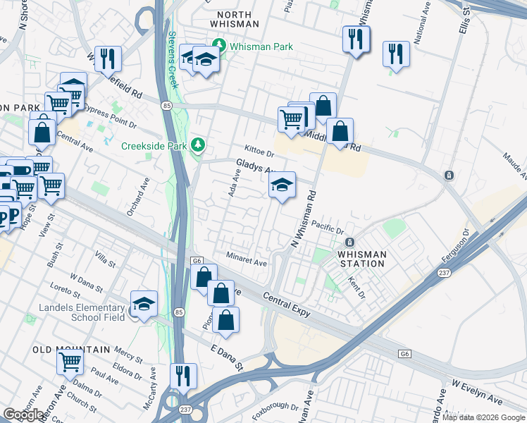 map of restaurants, bars, coffee shops, grocery stores, and more near 201 Ada Avenue in Mountain View