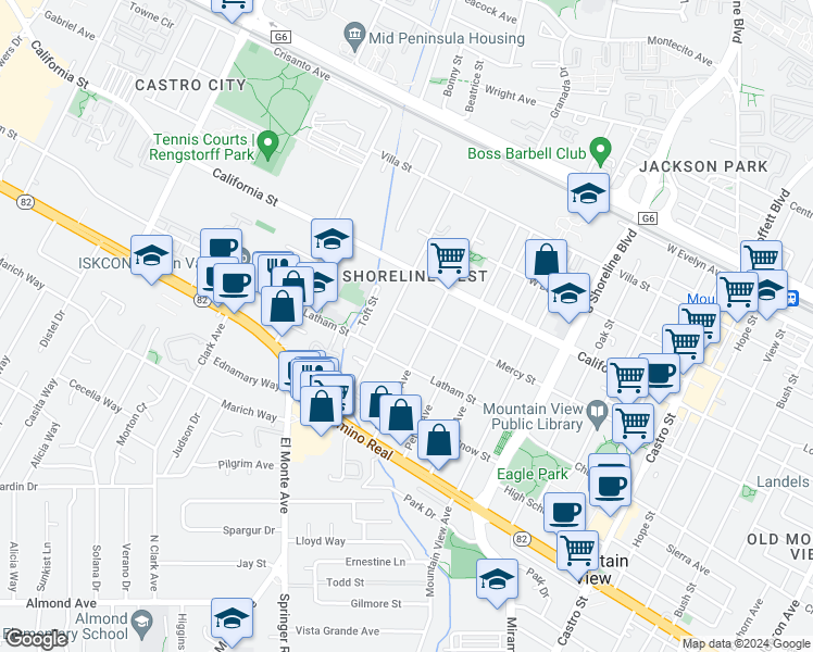 map of restaurants, bars, coffee shops, grocery stores, and more near 1631 Mercy Street in Mountain View