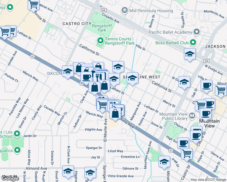 map of restaurants, bars, coffee shops, grocery stores, and more near 657 Escuela Avenue in Mountain View