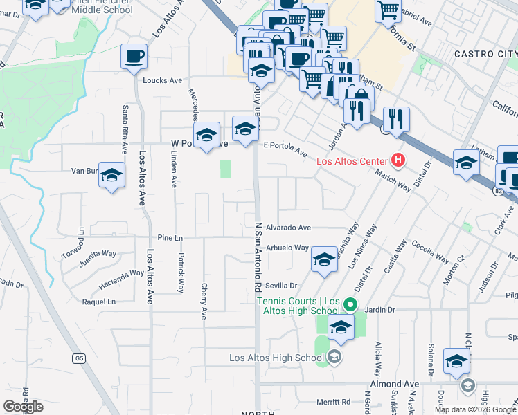 map of restaurants, bars, coffee shops, grocery stores, and more near 668 Vera Cruz Avenue in Los Altos