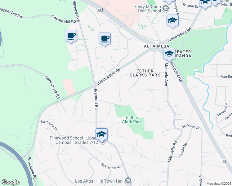 map of restaurants, bars, coffee shops, grocery stores, and more near 4150 Old Adobe Road in Palo Alto