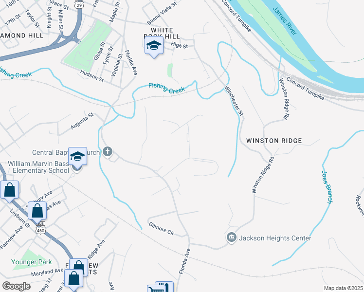 map of restaurants, bars, coffee shops, grocery stores, and more near 805 Greenfield Drive in Lynchburg