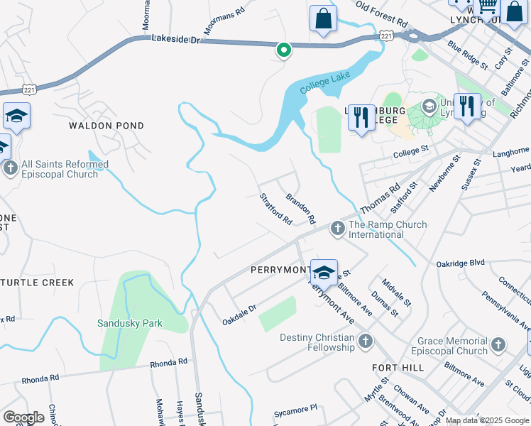 map of restaurants, bars, coffee shops, grocery stores, and more near 1131 Stratford Road in Lynchburg