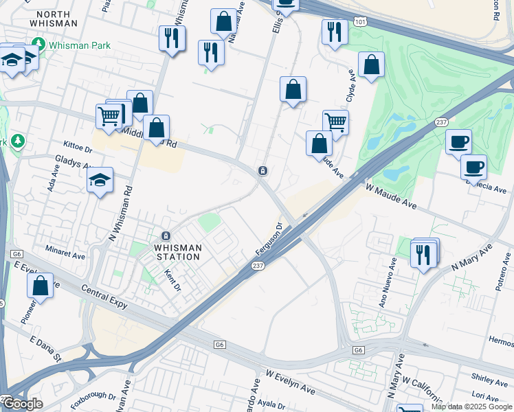 map of restaurants, bars, coffee shops, grocery stores, and more near 675 East Middlefield Road in Mountain View