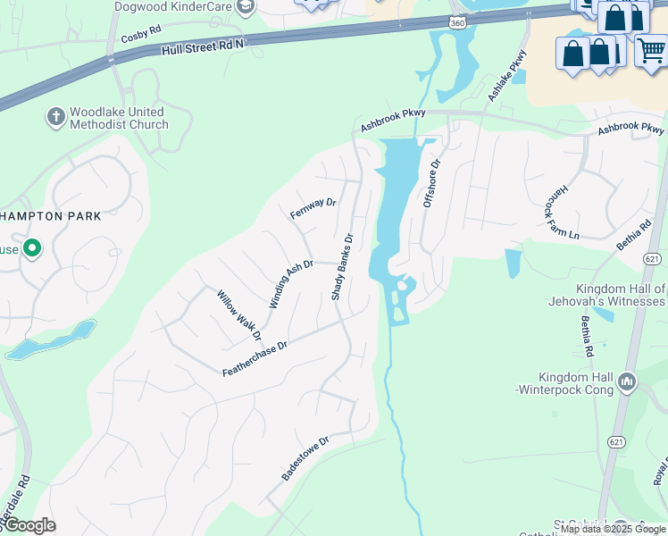map of restaurants, bars, coffee shops, grocery stores, and more near 15101 Winding Ash Drive in Chesterfield