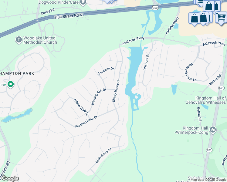 map of restaurants, bars, coffee shops, grocery stores, and more near 15101 Winding Ash Drive in Chesterfield
