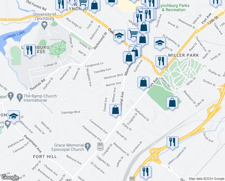map of restaurants, bars, coffee shops, grocery stores, and more near 3303 Wilson Avenue in Lynchburg