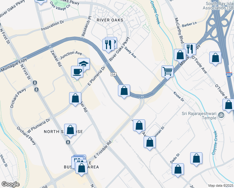 map of restaurants, bars, coffee shops, grocery stores, and more near 2566-2596 Junction Ave in San Jose