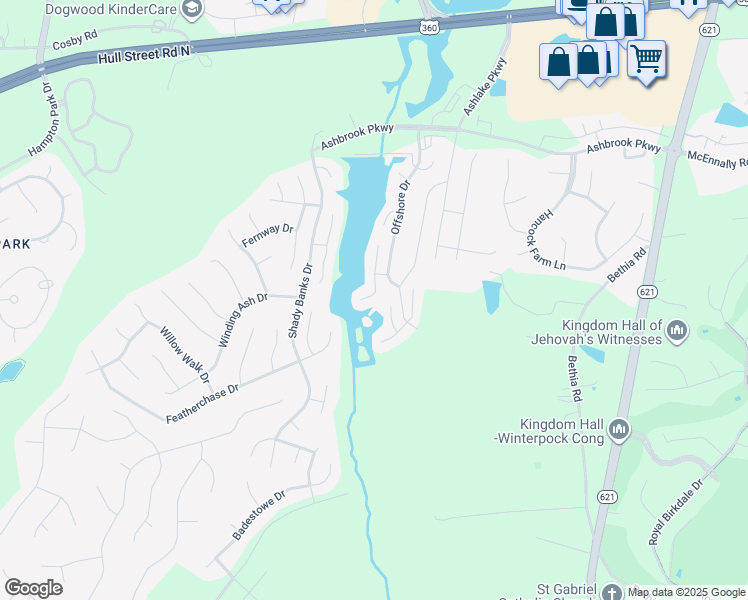 map of restaurants, bars, coffee shops, grocery stores, and more near 7813 Breaker Point Court in Chesterfield