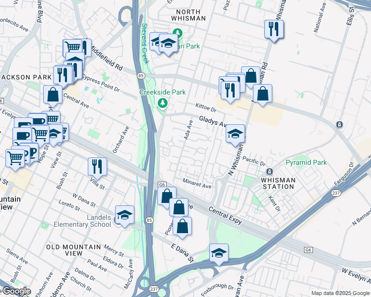 map of restaurants, bars, coffee shops, grocery stores, and more near 201 Ada Avenue in Mountain View