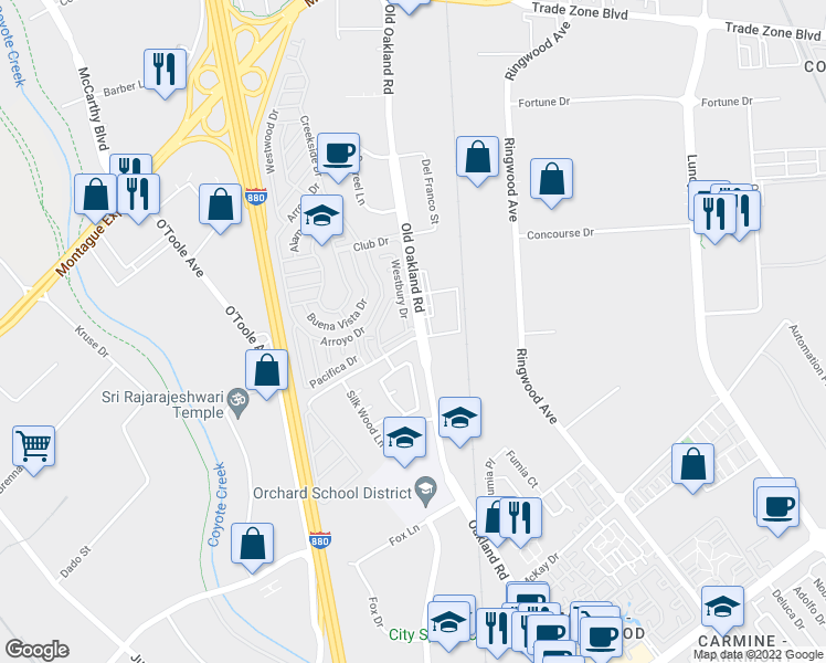 map of restaurants, bars, coffee shops, grocery stores, and more near in San Jose