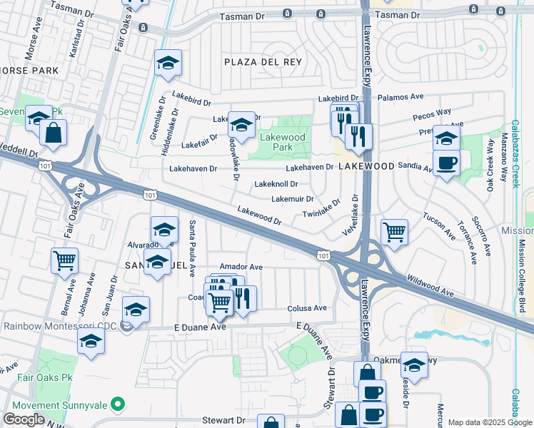 map of restaurants, bars, coffee shops, grocery stores, and more near 782 Lakewood Drive in Sunnyvale