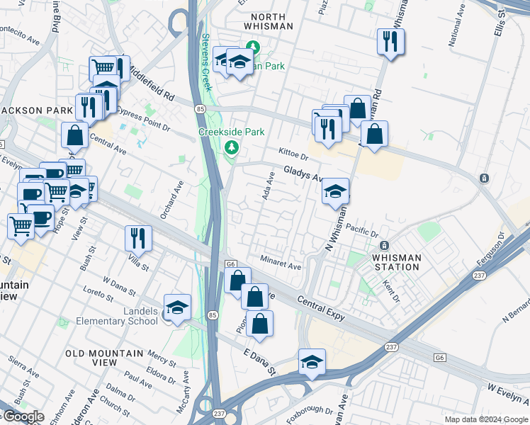 map of restaurants, bars, coffee shops, grocery stores, and more near 183 Ada Avenue in Mountain View