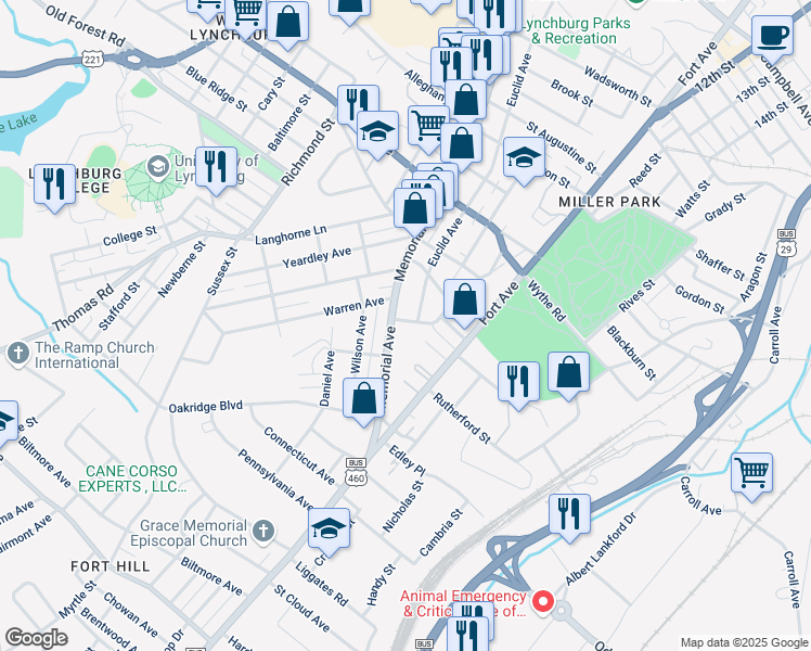 map of restaurants, bars, coffee shops, grocery stores, and more near 1201 South Grand Avenue in Lynchburg