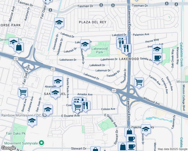 map of restaurants, bars, coffee shops, grocery stores, and more near 782 Lakewood Drive in Sunnyvale