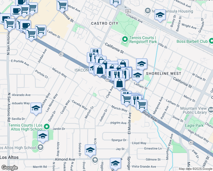 map of restaurants, bars, coffee shops, grocery stores, and more near 988 Solana Court in Mountain View