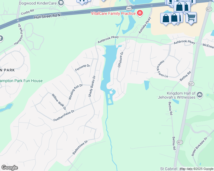 map of restaurants, bars, coffee shops, grocery stores, and more near 7822 Breaker Point Court in Chesterfield