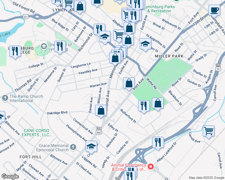 map of restaurants, bars, coffee shops, grocery stores, and more near 1201 South Grand Avenue in Lynchburg
