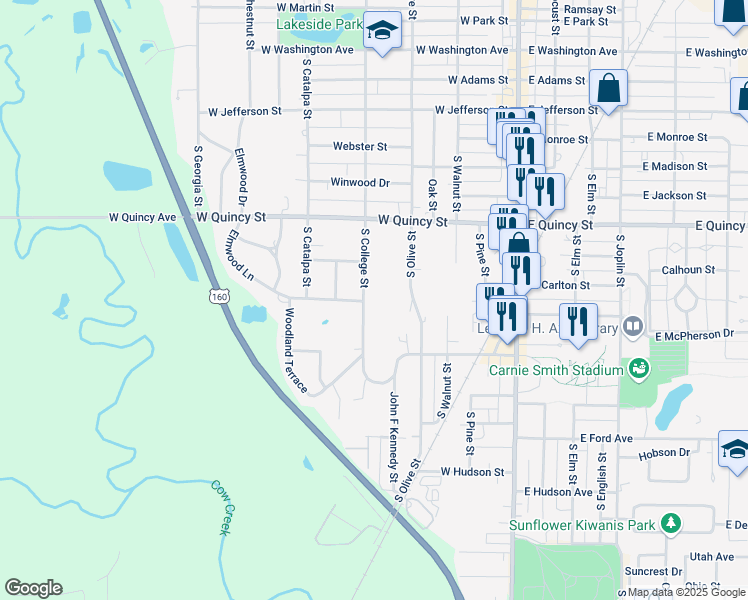 map of restaurants, bars, coffee shops, grocery stores, and more near 1601-1715 S College Terrace in Pittsburg
