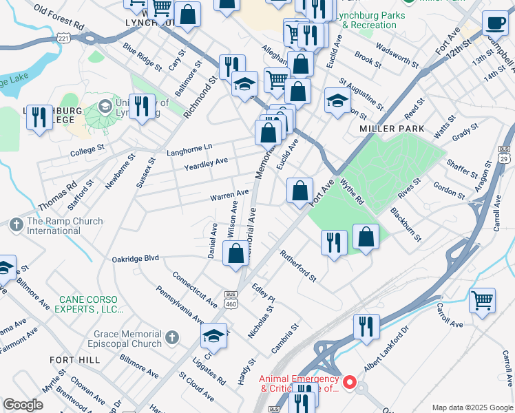 map of restaurants, bars, coffee shops, grocery stores, and more near 3314 Memorial Avenue in Lynchburg