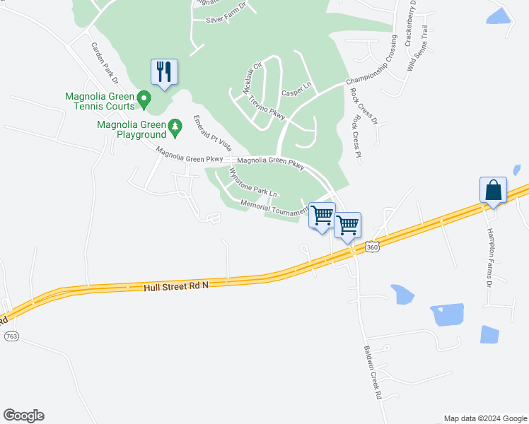 map of restaurants, bars, coffee shops, grocery stores, and more near 17501 Memorial Tournament Drive in Moseley