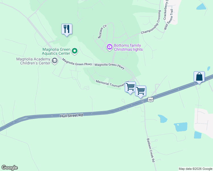 map of restaurants, bars, coffee shops, grocery stores, and more near 17501 Memorial Tournament Drive in Moseley