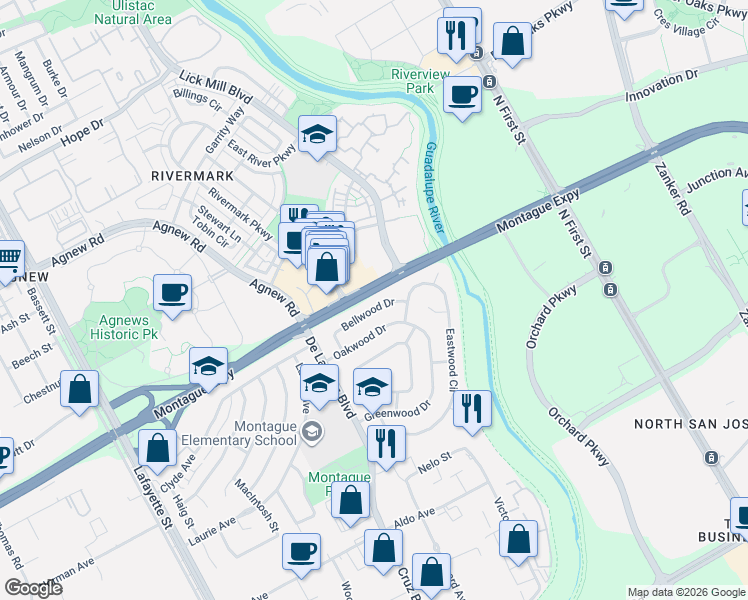 map of restaurants, bars, coffee shops, grocery stores, and more near 500 Bellwood Drive in Santa Clara