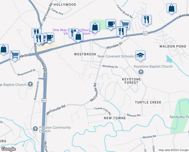 map of restaurants, bars, coffee shops, grocery stores, and more near 227A McConville Road in Lynchburg
