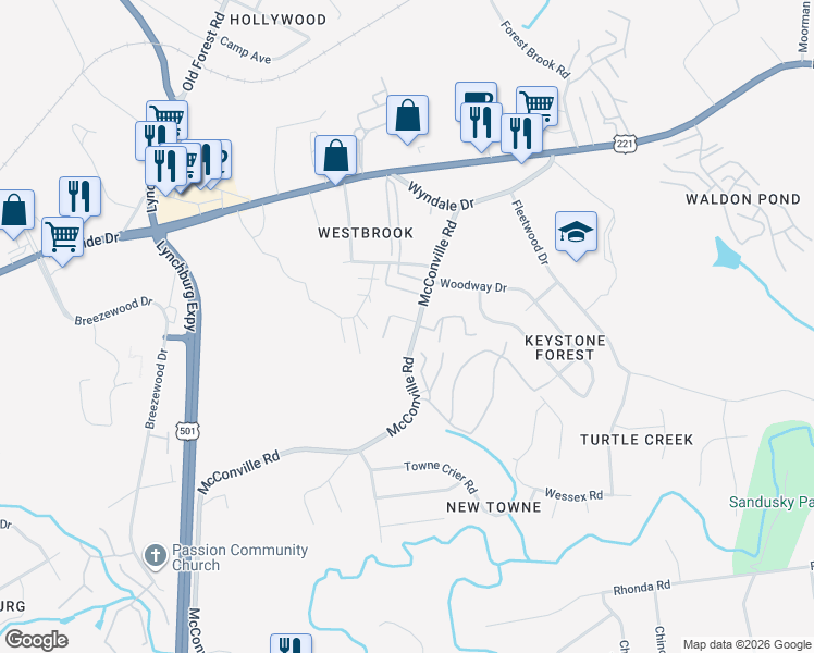 map of restaurants, bars, coffee shops, grocery stores, and more near 227A McConville Road in Lynchburg