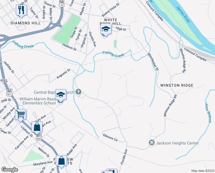 map of restaurants, bars, coffee shops, grocery stores, and more near 1512 Florida Avenue in Lynchburg