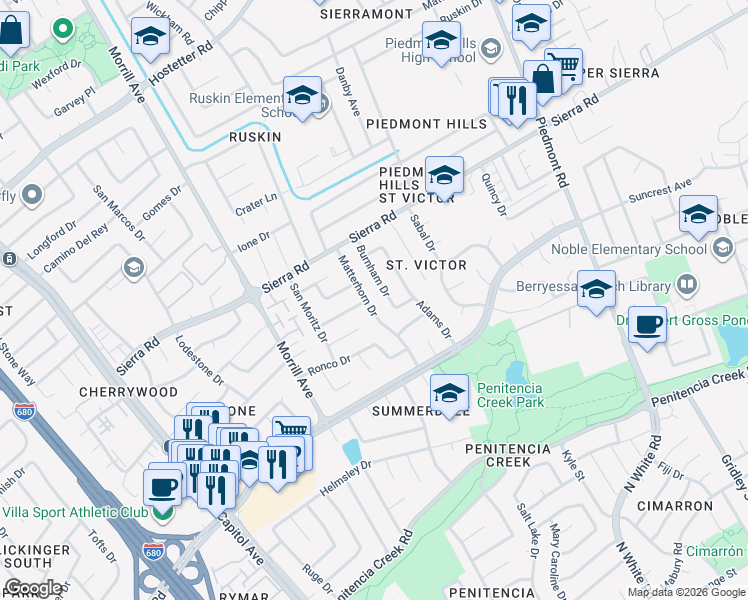 map of restaurants, bars, coffee shops, grocery stores, and more near 1196 Matterhorn Drive in San Jose
