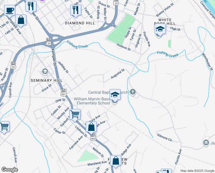 map of restaurants, bars, coffee shops, grocery stores, and more near 1549 Bland Street in Lynchburg