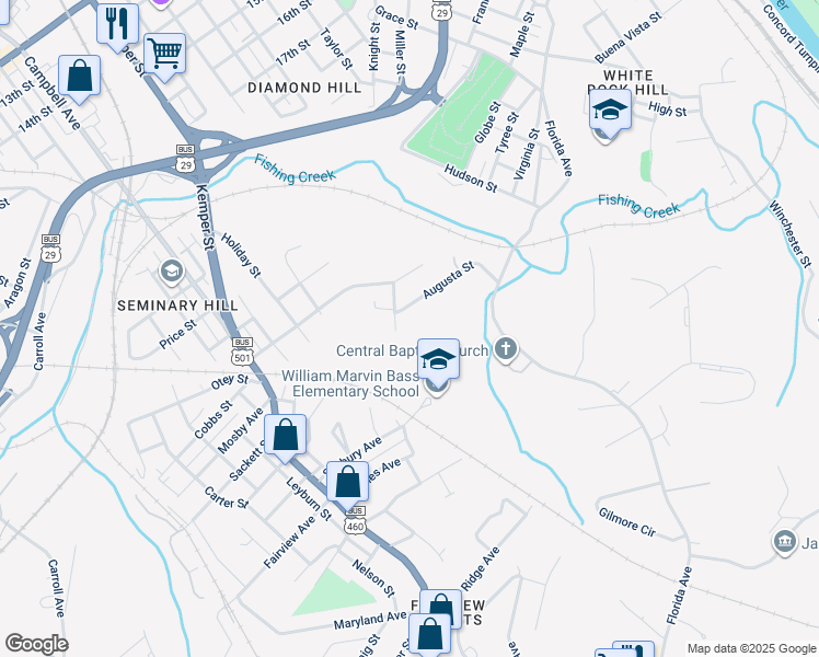 map of restaurants, bars, coffee shops, grocery stores, and more near 1549 Bland Street in Lynchburg