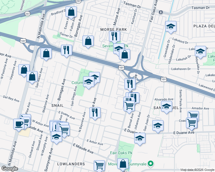 map of restaurants, bars, coffee shops, grocery stores, and more near 758 Georgia Avenue in Sunnyvale