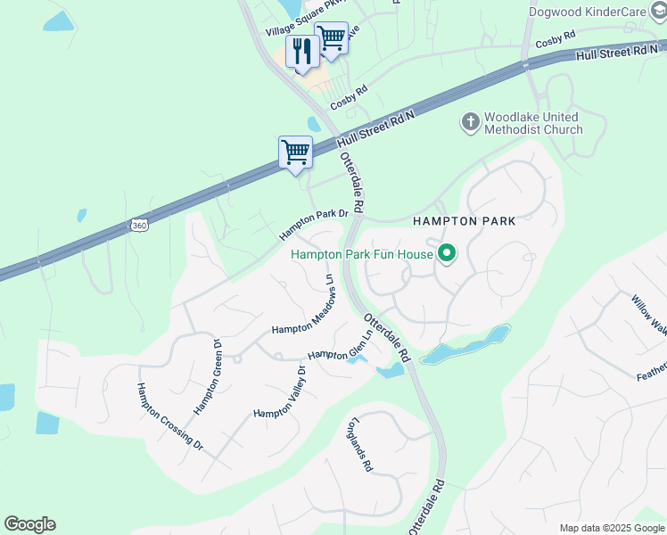 map of restaurants, bars, coffee shops, grocery stores, and more near 7837 Hampton Meadows Lane in Chesterfield