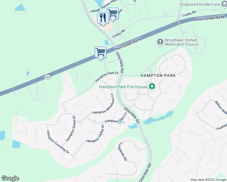 map of restaurants, bars, coffee shops, grocery stores, and more near 7837 Hampton Meadows Lane in Chesterfield
