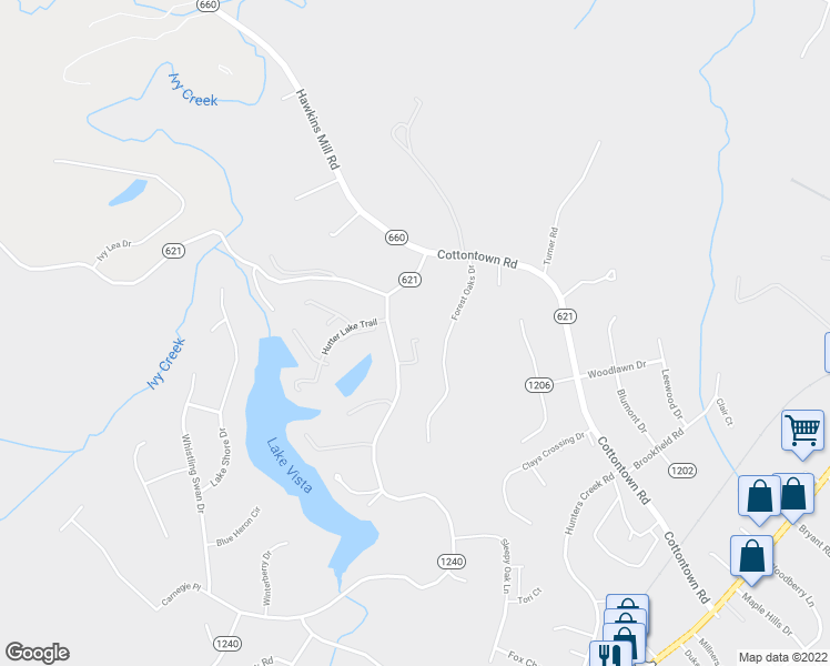 map of restaurants, bars, coffee shops, grocery stores, and more near 1322 Twin Springs Court in Forest